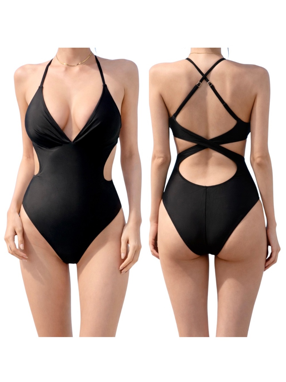 CUPSHE Black Cutout One-Piece Swimsuit • Size Large • NEW WITH TAGS